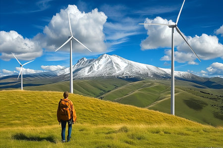 Alone individual stands in contemplation, facing the grandeur of towering wind turbines set against a backdrop of a snow-covered mountain under a vast blue sky.の素材