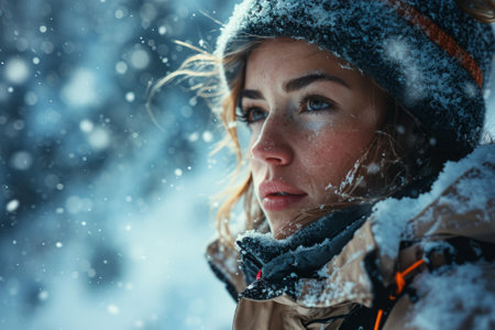 Woman with snowflakes adorning her hair and jacket contemplates her surroundings amidst a blustery snowstorm. created with generative AI technologyの素材