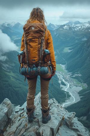 Woman solo traveler with a backpack stands on the edge of a mountain, contemplating the stunning natural beauty of the valley and river below, enveloped by the tranquility of the wilderness. created with generative AI technologyの素材