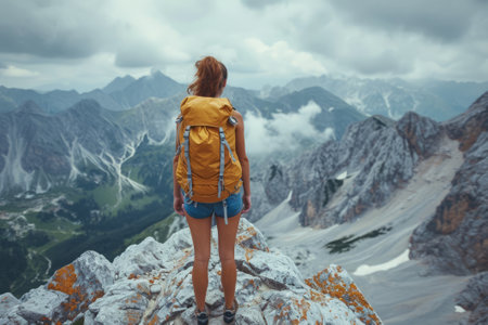 Woman solo traveler with a backpack stands on the edge of a mountain, contemplating the stunning natural beauty of the valley and river below, enveloped by the tranquility of the wilderness. created with generative AI technologyの素材