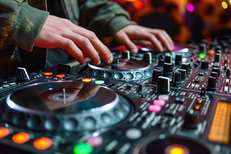 Close-up of a DJs skilled hands adjusting knobs and spinning turntables on a mixer amid the neon glow of a vibrant nightclub scene.の素材