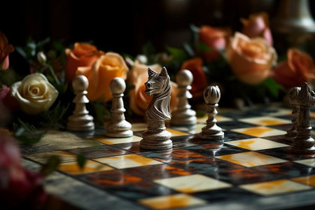 Intricately carved knight stands poised on a classic chessboard, surrounded by an array of soft-hued roses, evoking a sense of strategic beauty in a dusky settingの素材