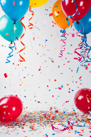A collection of colorful balloons in shades of pink, purple, and teal gently float against a bright white background, accompanied by a shower of multicolored confetti, capturing the essence of a festive celebrationの素材