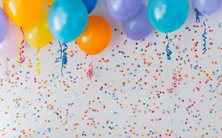 A collection of colorful balloons in shades of pink, purple, and teal gently float against a bright white background, accompanied by a shower of multicolored confetti, capturing the essence of a festive celebrationの素材
