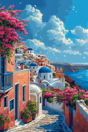 Overlooking the sparkling Aegean sea, the vibrant bougainvillea adds a splash of color to the classic white architecture of Santorinis cliffside, truly a Mediterranean summers dreamの素材