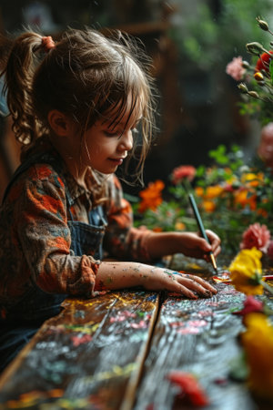 Captured in a serene moment, this young girl with pigtail hair and a paint-stained apron loses herself in the vibrant world of flower painting as soft sunlight filters through surrounding greeneryの素材
