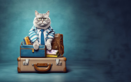 Traveler cat wearing suit and tie with luggage created with generative AI technologyの素材