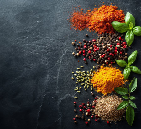 Vibrant array of colorful spices artfully presented on a dark, textured slate, exuding the essence of culinary creativity and flavor diversityの素材