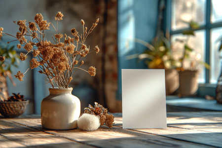 A photograph capturing an empty textured paper set against a backdrop of earthy tones and delicate dried botanicals, inviting a sense of calm creativity.の素材