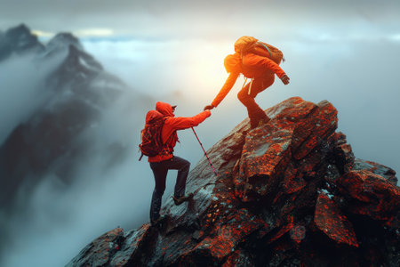Two climbers exhibit camaraderie and trust as one helps the other ascend a rugged, mist-enshrouded mountain peak at the break of dawn.の素材