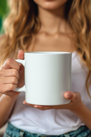 A person enjoying the tranquility of a cozy morning, holding a large, steaming mug of a warm beverage to start the day. Generative AI.の素材