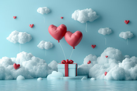 This charming image captures a delightful scene featuring red heart-shaped balloons tethered to a gift box, gracefully floating near a light blue wall with fluffy white clouds, invoking feelings of romance and celebration.  Generative AI.の素材