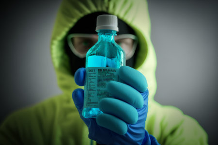 A scientist in protective gear precisely examines a bottle of bright blue liquid, highlighting the meticulous nature of laboratory research and chemical analysis created with generative AIの素材