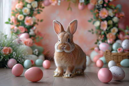 Tranquil bunny sits surrounded by a lush arch of spring flowers and scattered pastel Easter eggsの素材