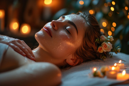 Tranquil moment as a woman enjoys a soothing facial treatment, surrounded by flickering candles and fresh flowersの素材