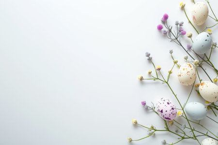 Colorful assortment of decorated eggs and sprouting flowers heralding the joy of Easterの素材