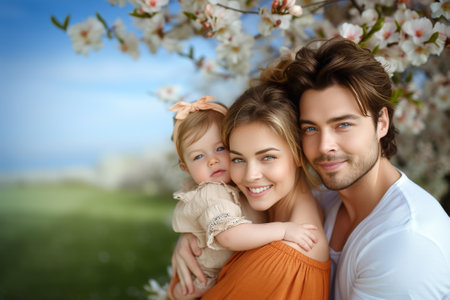 A young family with a child warmly embraces under a canopy of spring blossoms.Generative AIの素材