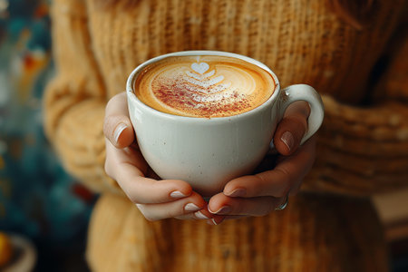 Hands cradle a steaming cup of coffee adorned with a frothy art heart, evoking warmth and comfort.の素材