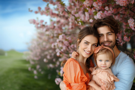 A young family with a child warmly embraces under a canopy of spring blossoms.Generative AIの素材