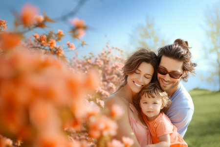 A young family with a child warmly embraces under a canopy of spring blossoms.Generative AIの素材
