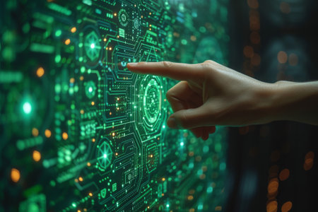 Hand interacts with an intricate, glowing green circuitry, hinting at high-tech innovation and advanced user interfacesの素材