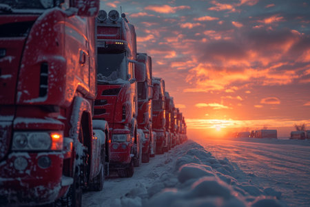 Row of trucks covered in snow catch the first light of a radiant sunrise in a serene boggy parkland.の素材
