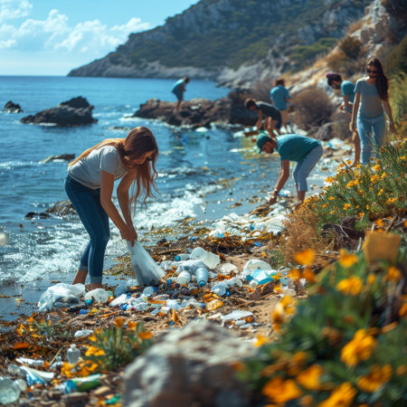 A diligent team of volunteers removes trash from the picturesque coastal beach, safeguarding natures beauty.の素材