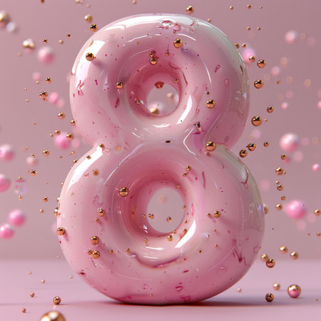 Number eight adorned with golden flecks and shimmers, expressing femininity with an artistic touch.の素材