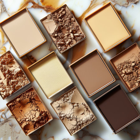 An array of premium makeup palettes revealing a spectrum of golden and brown shades on a chic marble surface.の素材