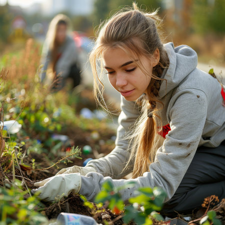 A team of volunteers working together to clean up litter and restore the natural beauty of a field, showing unity and dedication.の素材