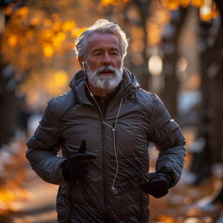 With a backdrop of fall foliage, a senior man jogs briskly, his lively spirit undimmed by ageの素材