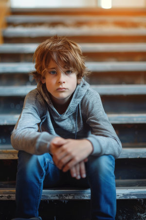 Somber young boy sits alone on cold steps, his expression reflecting the weight of his thoughts