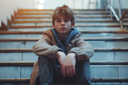 Somber young boy sits alone on cold steps, his expression reflecting the weight of his thoughtsの素材