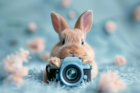 Curious rabbit, holding a camera, captures the world through its lens with a look of wonder and concentrationの素材
