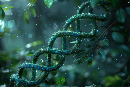 Twinkling droplets adorn a vine, mimicking a strand of DNA in a magical forest at dusk.の素材