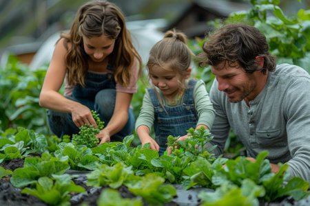 A family tends to fresh vegetables together in a community garden, sharing smiles and gardening lessons.の素材