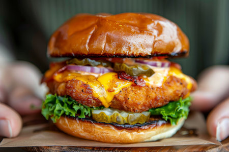 Hands gently hold a succulent chicken burger, layered with melted cheese and fresh toppingsの素材