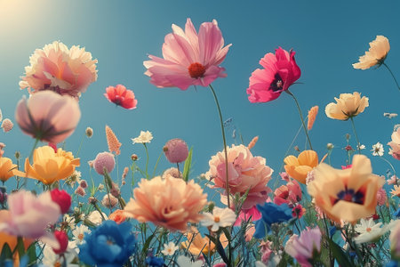 Lush meadow teeming with colorful flowers gleaming under the warmth of early morning sunlight.の素材