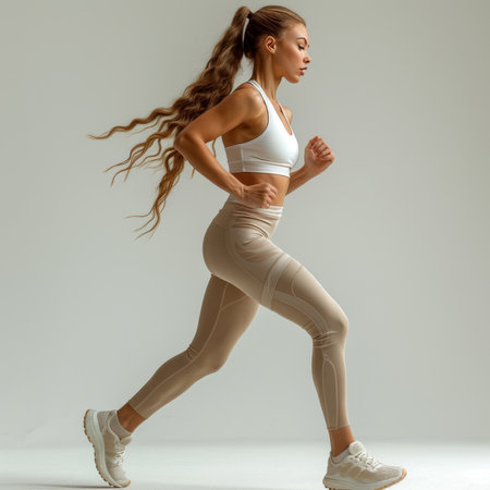 A focused sportswoman sprints with intensity, her long hair flowing, adorned in functional beige athletic wear.の素材