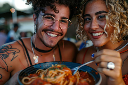 A joyful pair share a plate of spaghetti, their smiles glowing in the soft evening light.の素材