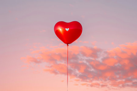 A solitary red heart balloon floats against a soft pink twilight, evoking feelings of love and serenity.の素材