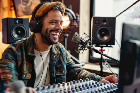 A cheerful radio presenter with headphones speaks into a mic, warmth radiating from his smile in a cozy studio.の素材