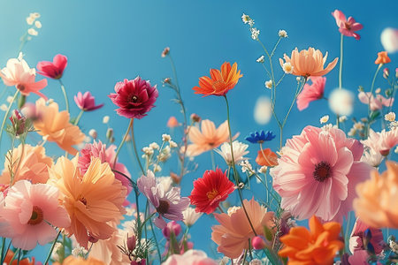 Lush meadow teeming with colorful flowers gleaming under the warmth of early morning sunlight.の素材