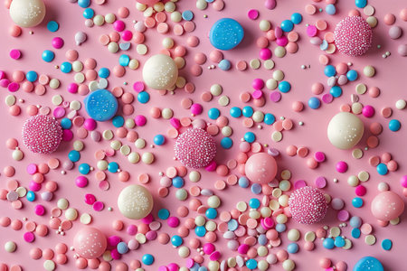 Pastel-toned sprinkles and candy spheres artfully scattered, creating a delightful pattern against a soft pink backdrop.の素材