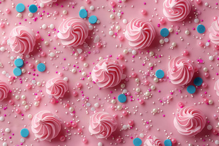 Pastel-toned sprinkles and candy spheres artfully scattered, creating a delightful pattern against a soft pink backdrop.の素材