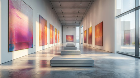 Walk through a gallery adorned with large, peaceful landscape paintings, reflective marble floors enhance the artistic atmosphere.の素材