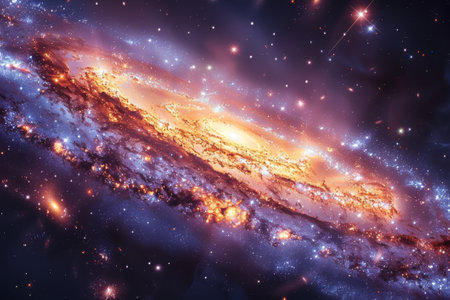 Vibrant interstellar panorama unveils the Milky Ways radiant gradients and star clusters.の素材