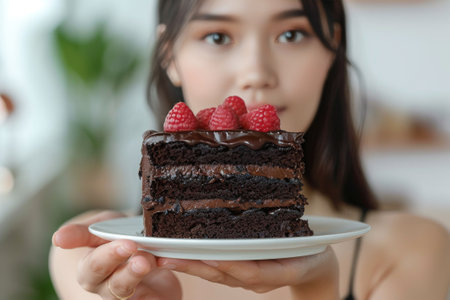 Woman displays a hand gesture to push away a decadent chocolate cake topped with raspberries.の素材