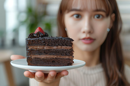 Woman displays a hand gesture to push away a decadent chocolate cake topped with raspberries.の素材