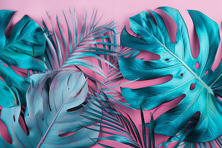 Emerald-hued tropical leaves contrast with a soft pink backdrop, reminiscent of an early morning glow.の素材